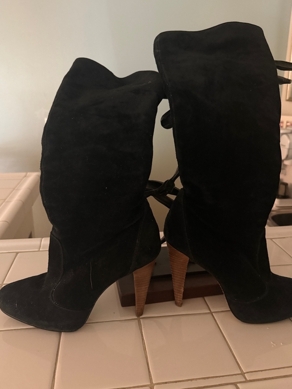 Calvin Klein Black Suede Mid-Calf Stacked Heel Boots